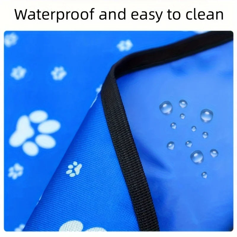 Blue and white paw print dog car seat cover by TrendyPet's Zone, waterproof rear hammock with safety belt for transporting pets.