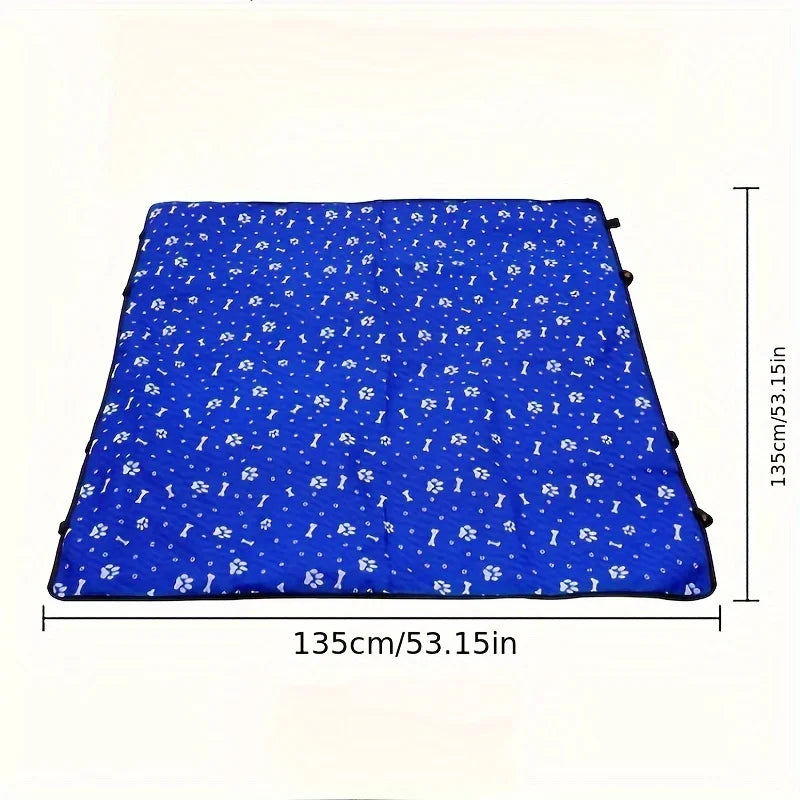 Blue and white paw print dog car seat cover by TrendyPet's Zone, waterproof rear hammock with safety belt for pet transportation.