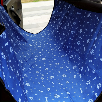 Blue and white paw print dog car seat cover by TrendyPet's Zone, waterproof hammock style with safety belt for rear car seat protection.