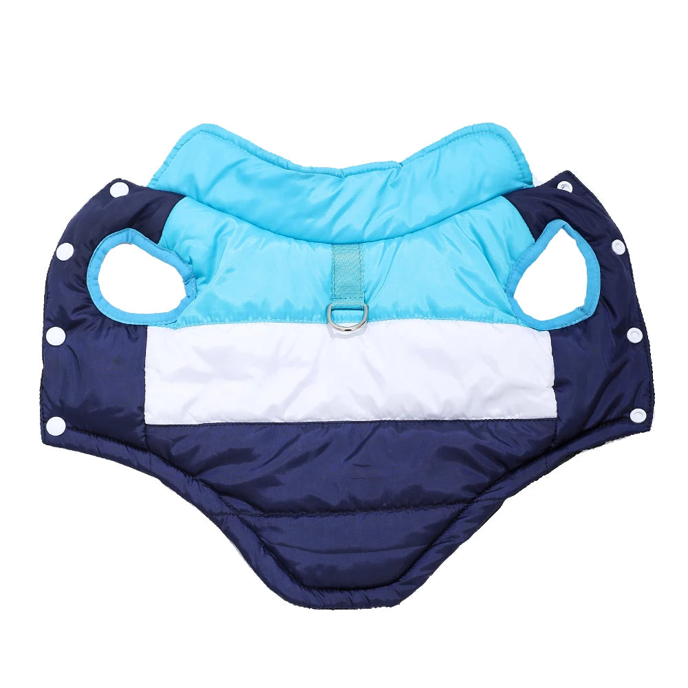 Blue winter dog jacket with built-in harness ring from TrendyPet's Zone, lightweight and warm coat for dogs.