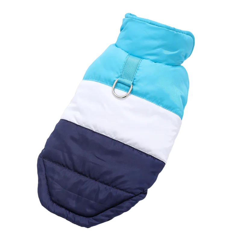Blue winter dog coat with built-in harness ring, lightweight and warm, from TrendyPet's Zone, designed for outdoor winter walks.
