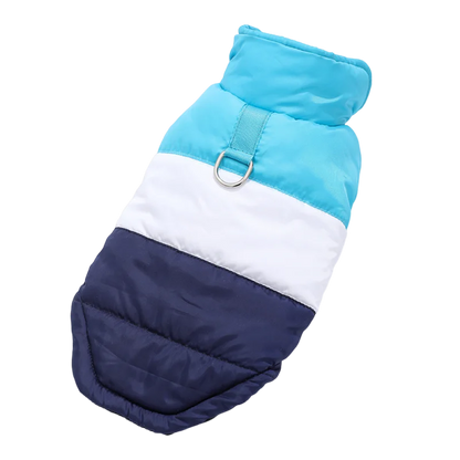 Blue winter dog coat with built-in harness ring, lightweight and warm, from TrendyPet's Zone, designed for outdoor winter walks.