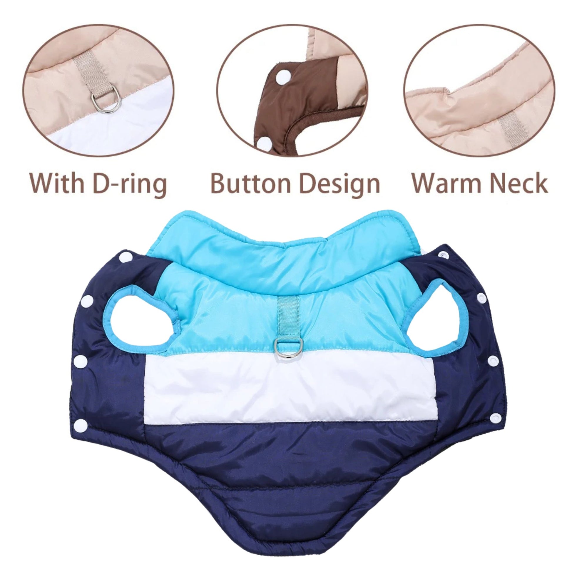 Blue winter dog jacket with built-in harness ring from TrendyPet's Zone, lightweight and warm for cold weather comfort.