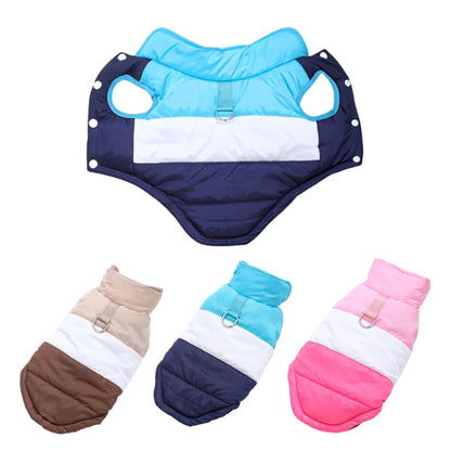 Blue winter dog jacket with built-in harness ring from TrendyPet's Zone, lightweight and warm for cold weather.
