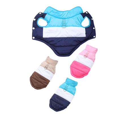 Blue winter dog coat with built-in harness ring, lightweight and warm, from TrendyPet's Zone. Perfect for cold weather walks.