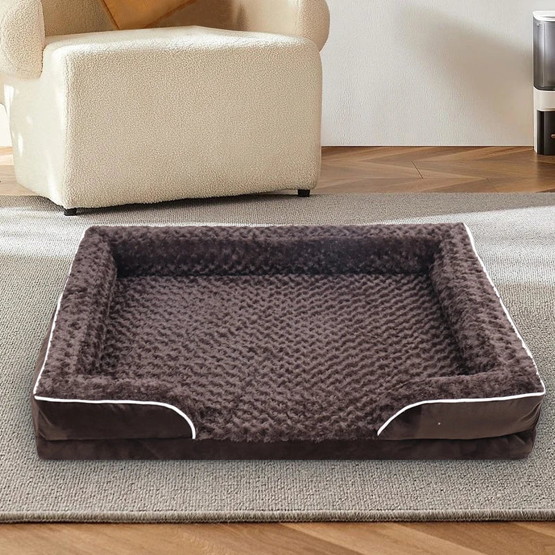 Brown bolster dog bed with waterproof lining, non-skid bottom, washable cover, and orthopedic egg foam from TrendyPet's Zone.