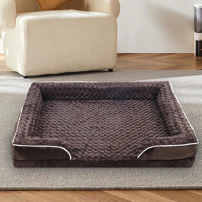 Brown bolster dog bed with waterproof lining, non-skid bottom, washable cover, and orthopedic egg foam from TrendyPet's Zone.