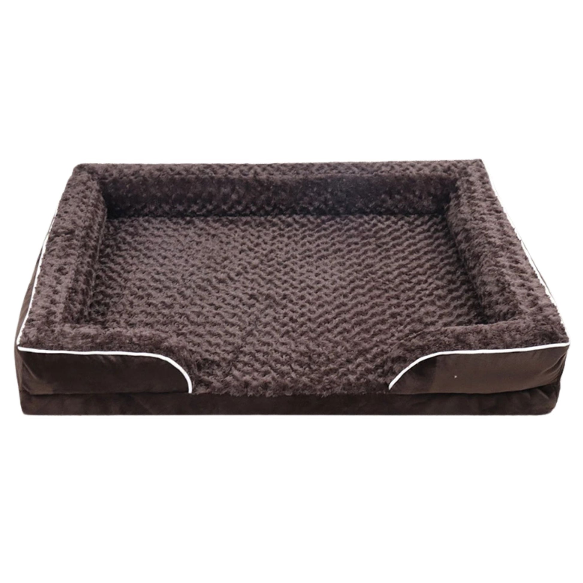 Brown bolster dog bed with waterproof lining, non-skid bottom, washable orthopedic egg foam cushion by TrendyPet's Zone.