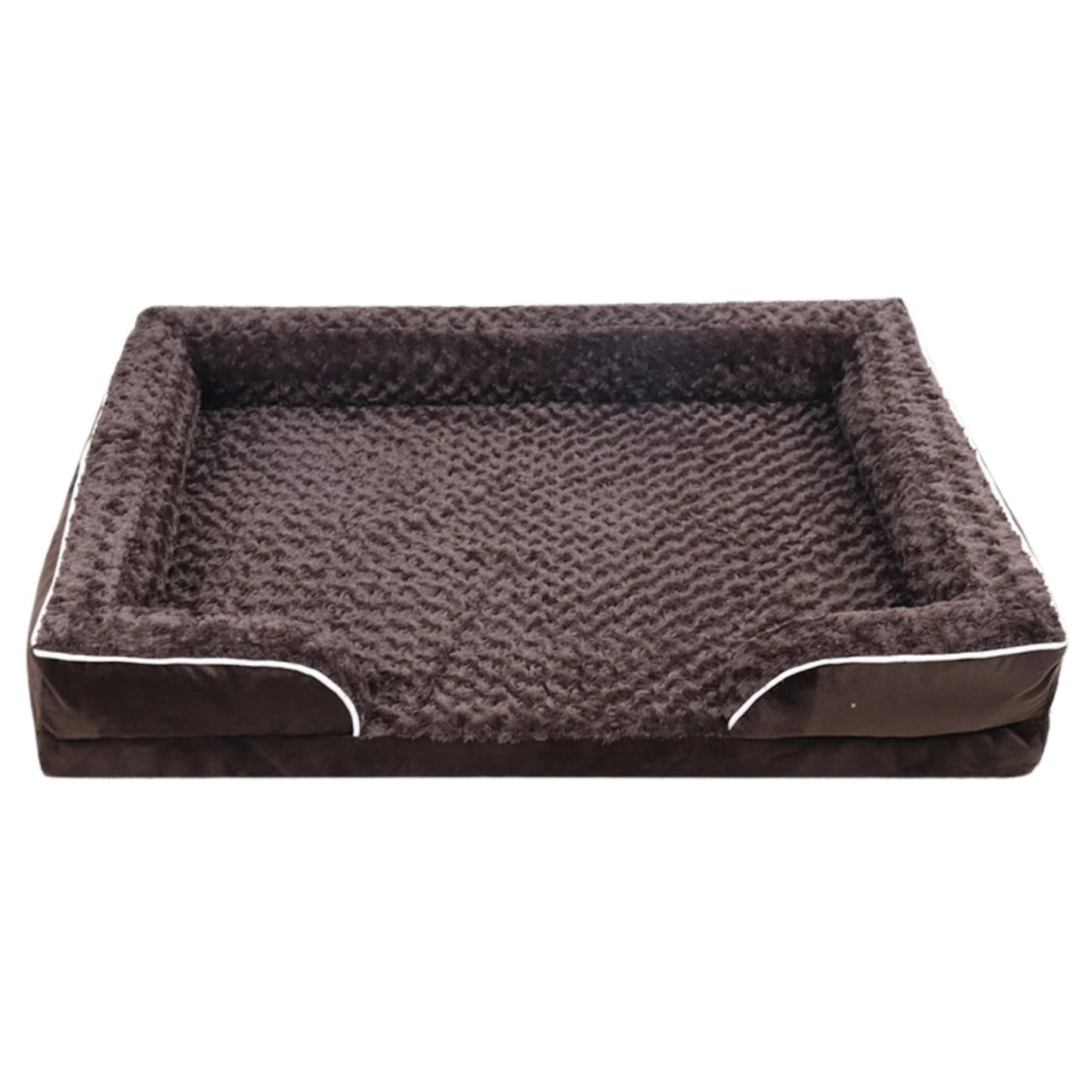 Brown bolster dog bed with waterproof lining, non-skid bottom, washable cover, and orthopedic egg foam cushioning by TrendyPet's Zone