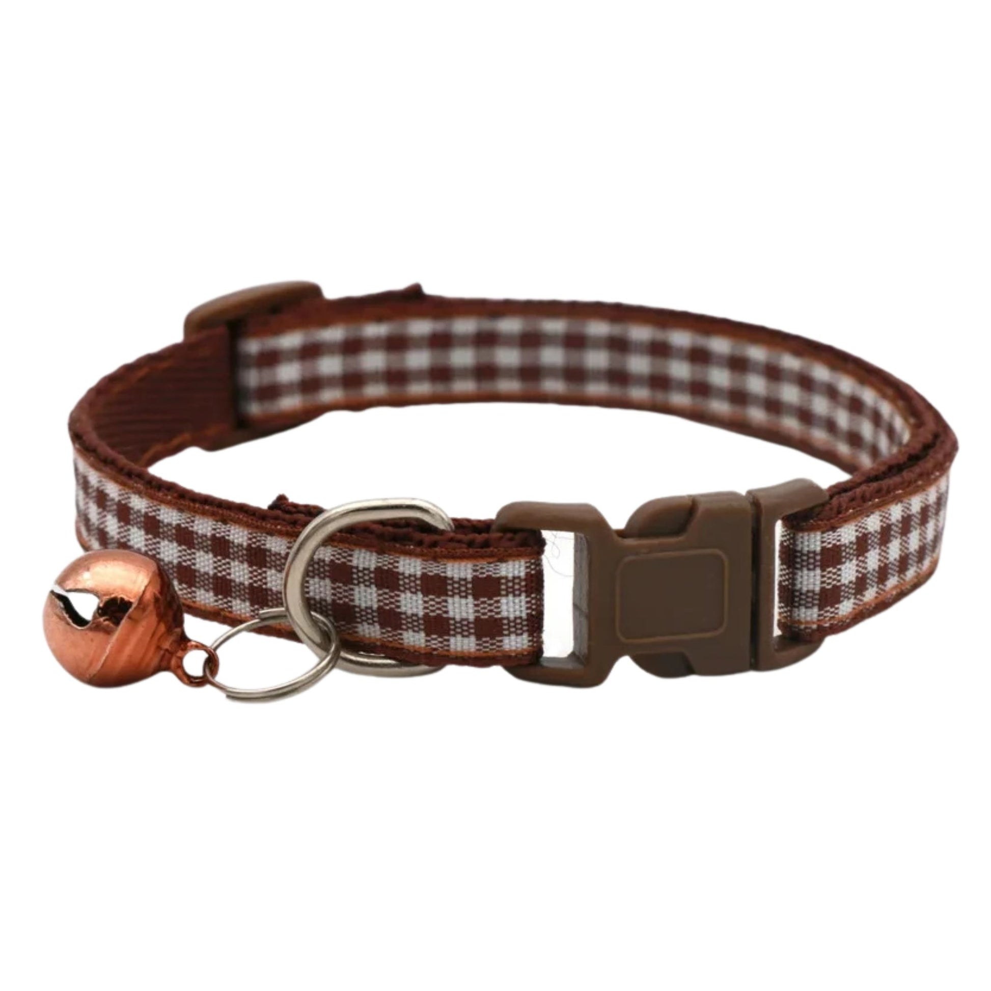 Brown checkered striped pet collar with bell, adjustable nylon collar for cats and small dogs, by TrendyPet's Zone.