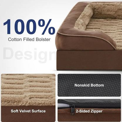Brown Extra Large Bolster Dog Bed with Waterproof Lining & Non-Skid Bottom, Washable, Orthopedic Egg Foam Couch, XL 42"x 30"x 7" TrendyPet's Zone