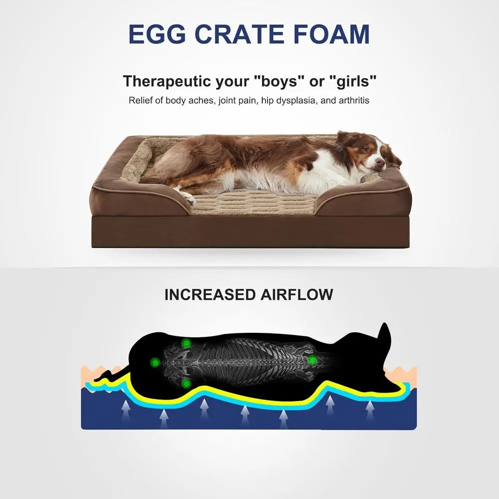 Brown Extra Large Bolster Dog Bed with Waterproof Lining & Non-Skid Bottom, Washable, Orthopedic Egg Foam Couch, XL 42"x 30"x 7" TrendyPet's Zone
