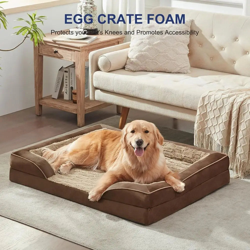 Brown Extra Large Bolster Dog Bed with Waterproof Lining & Non-Skid Bottom, Washable, Orthopedic Egg Foam Couch, XL 42"x 30"x 7" TrendyPet's Zone