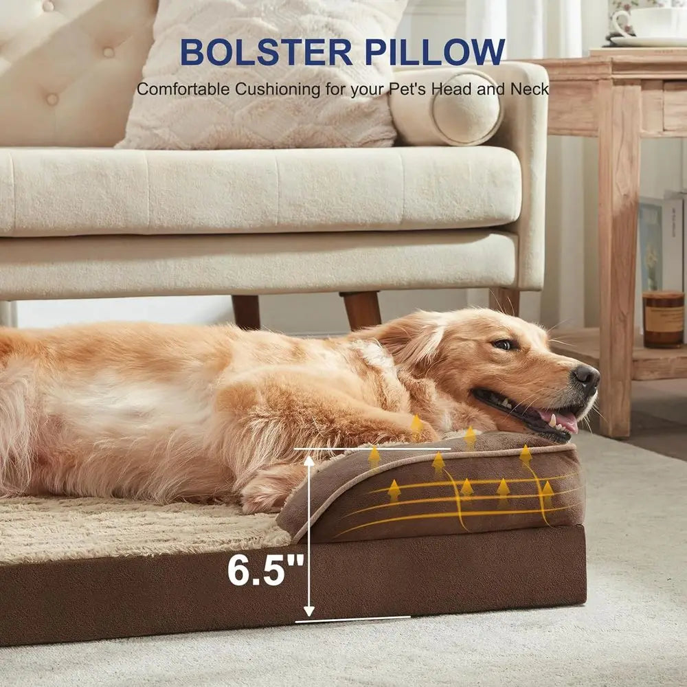 Brown Extra Large Bolster Dog Bed with Waterproof Lining & Non-Skid Bottom, Washable, Orthopedic Egg Foam Couch, XL 42"x 30"x 7" TrendyPet's Zone