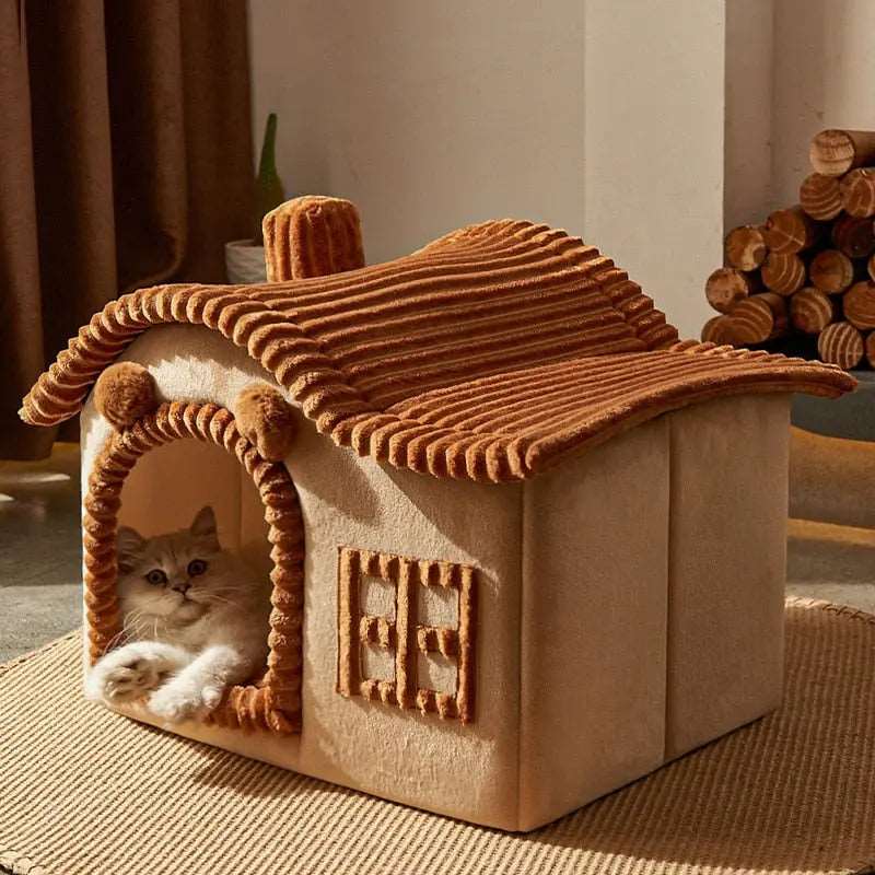 Brown Foldable House Kennel Bed Mat Basket Cave Sofa - TrendyPet's Zone