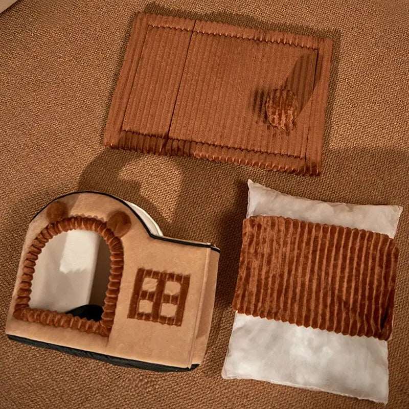 Brown Foldable House Kennel Bed Mat Basket Cave Sofa - TrendyPet's Zone