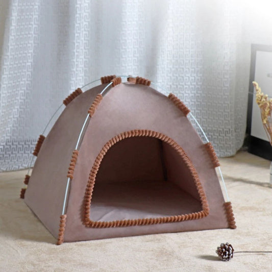 Brown foldable pet house tent by TrendyPet's Zone, portable and breathable for four-season use, suitable for small pets.