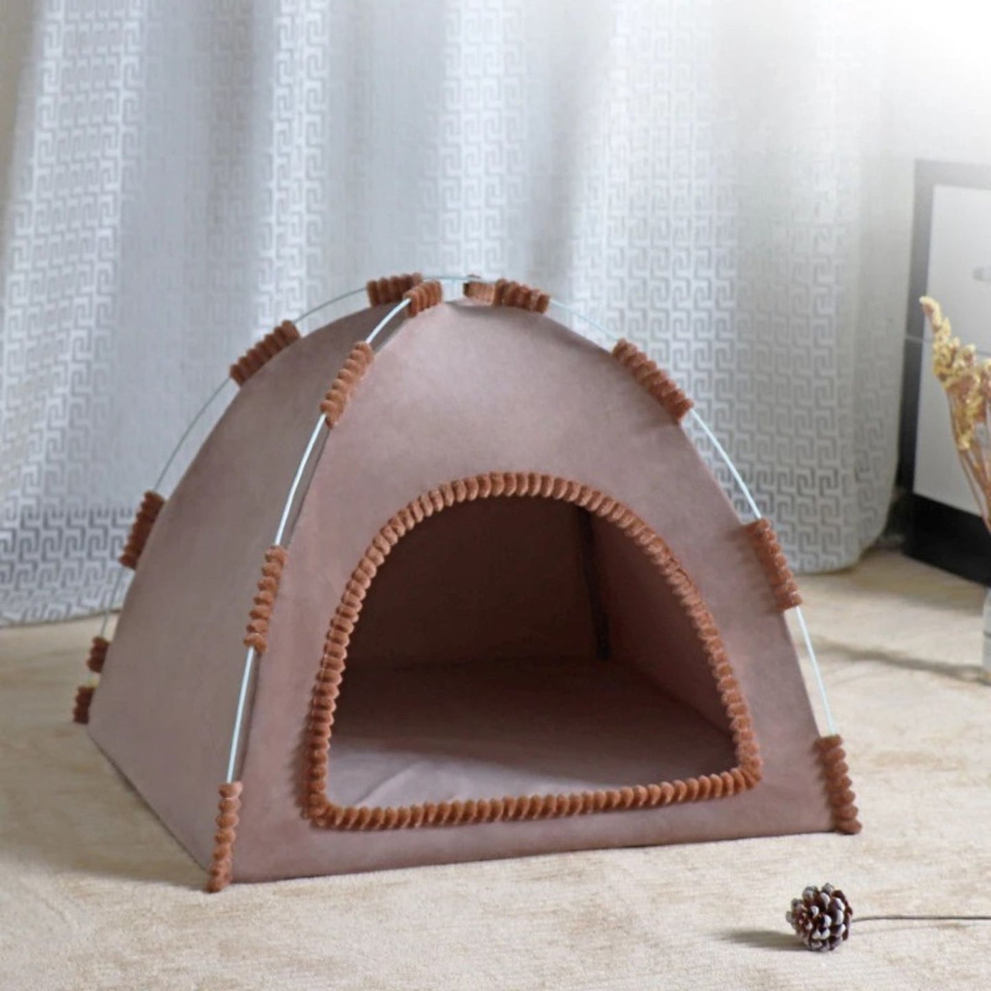 Brown foldable pet house tent by TrendyPet's Zone, portable, breathable, suitable for all seasons, designed for small pets.