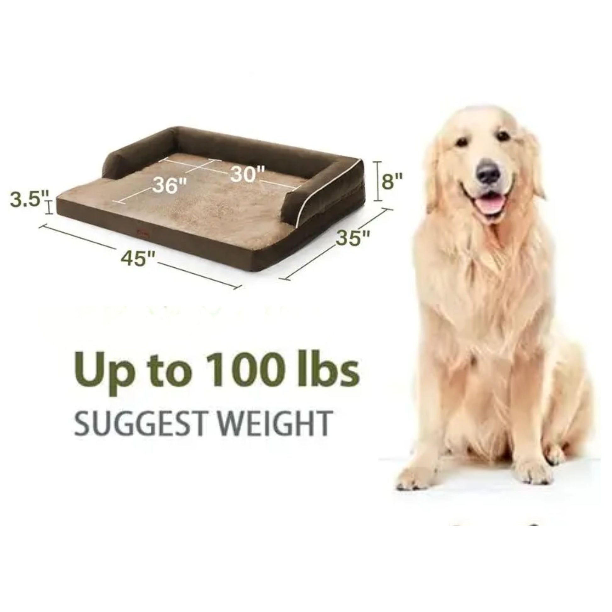 Brown Memory Foam Orthopedic Dogs Beds with Bolsters, Removable Washable Cover, Nonskid Bottom, Size 45.0" x 35.0" x 8.0" TrendyPet's Zone