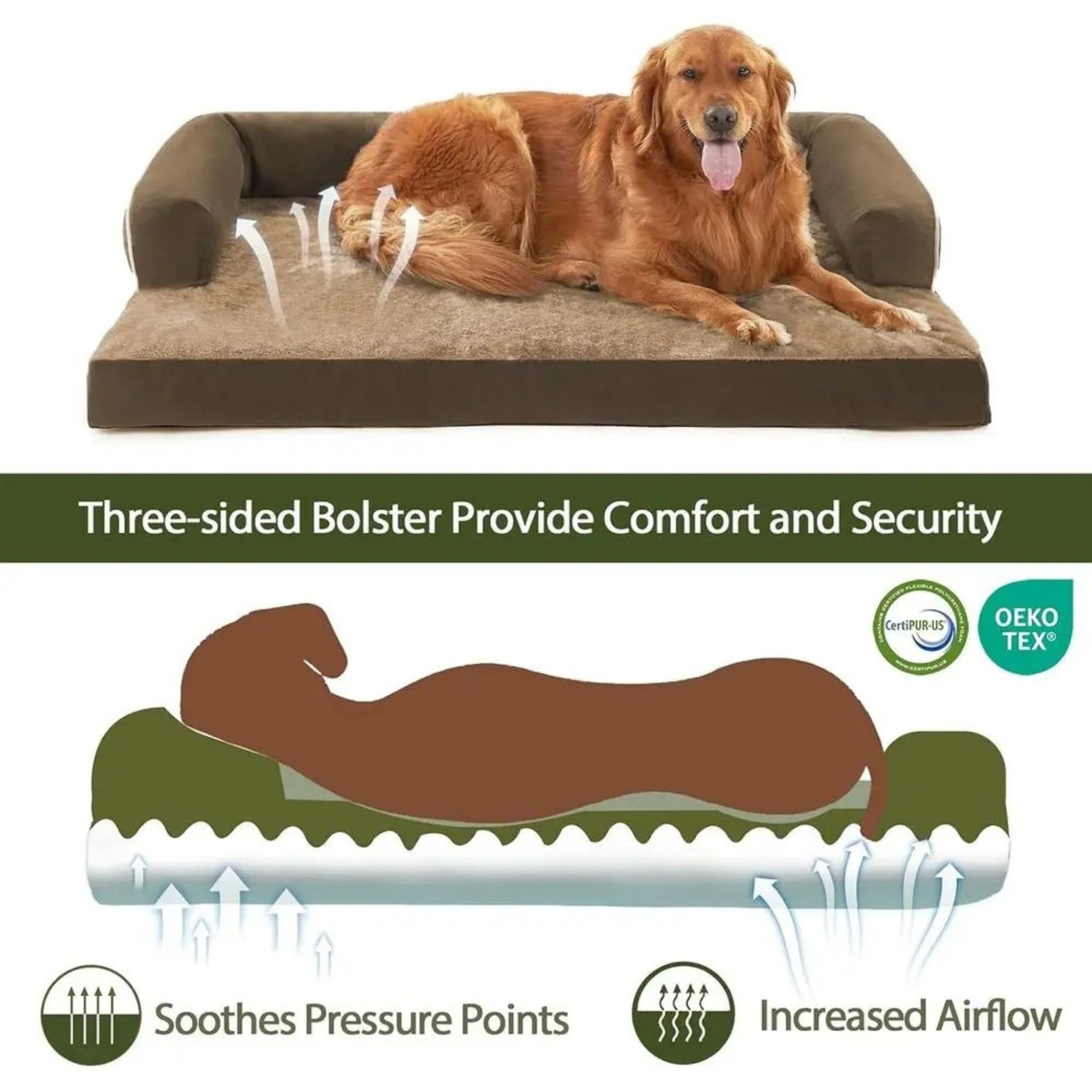 Brown Memory Foam Orthopedic Dogs Beds with Bolsters, Removable Washable Cover, Nonskid Bottom, Size 45.0" x 35.0" x 8.0" TrendyPet's Zone