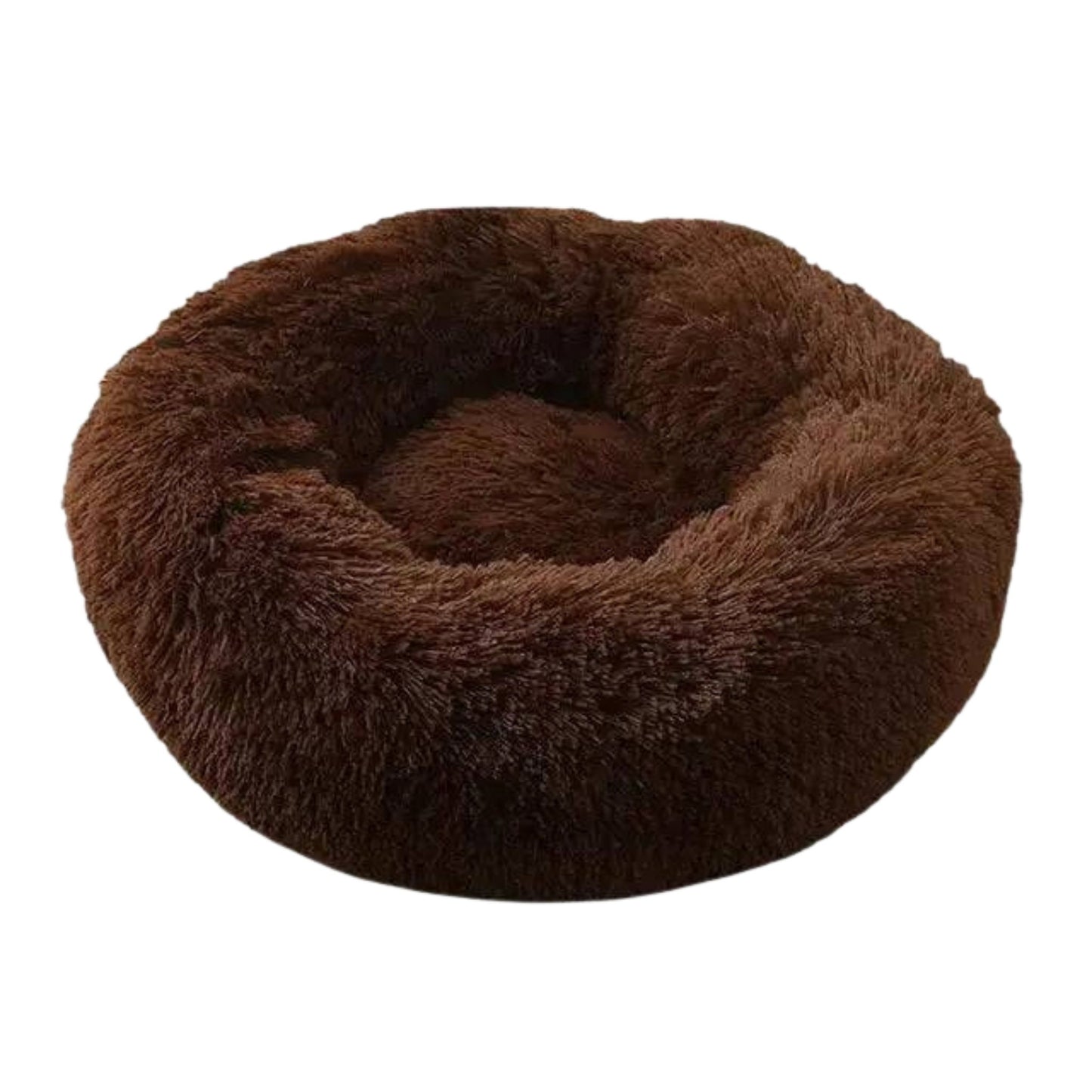 Brown round plush pet bed for dogs and cats with zipper, soft and cozy, by TrendyPet's Zone.
