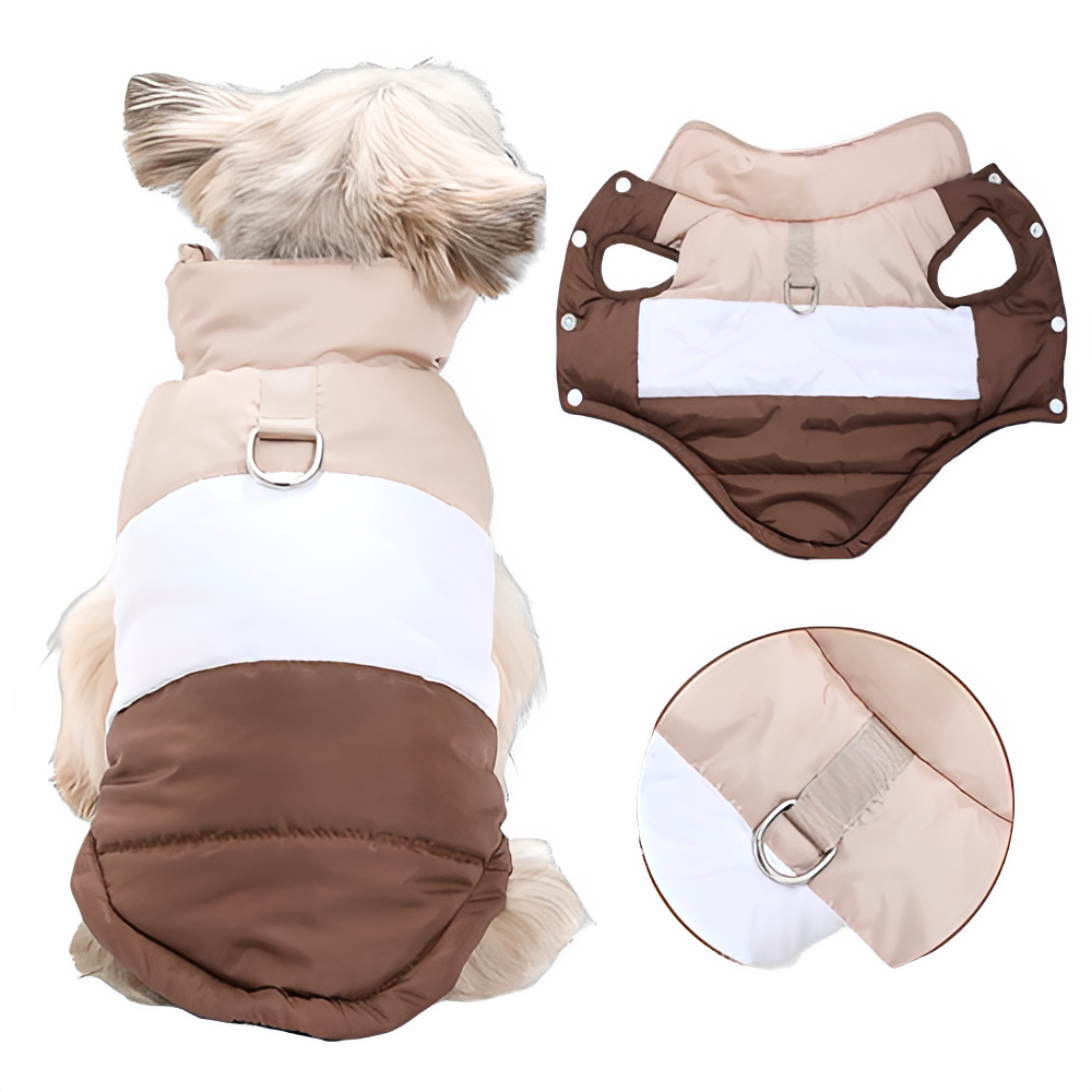 Brown winter dog jacket with built-in harness ring from TrendyPet's Zone, lightweight and warm coat for dogs.