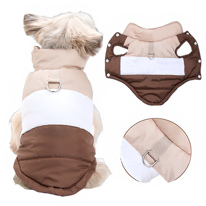 Brown winter dog jacket with built-in harness ring from TrendyPet's Zone, lightweight and warm coat for dogs.
