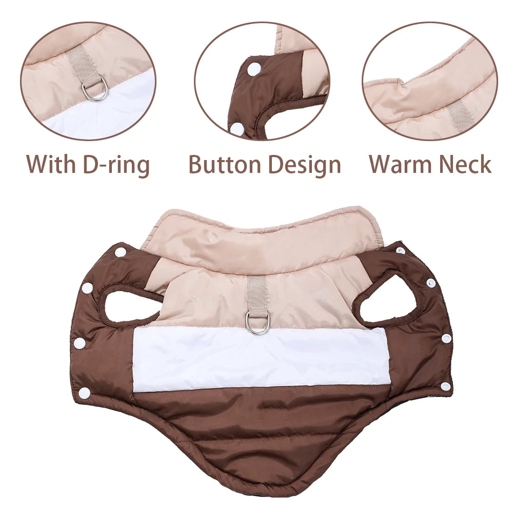 Brown winter dog coat with built-in harness ring, lightweight and warm, designed by TrendyPet's Zone for comfortable outdoor walks.
