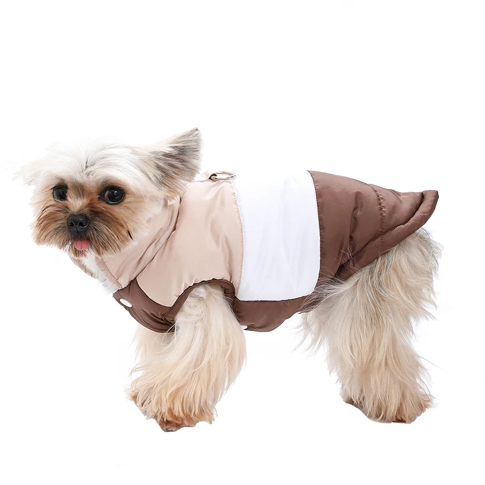 Brown winter dog jacket with built-in harness ring from TrendyPet's Zone, lightweight and warm coat for dogs.