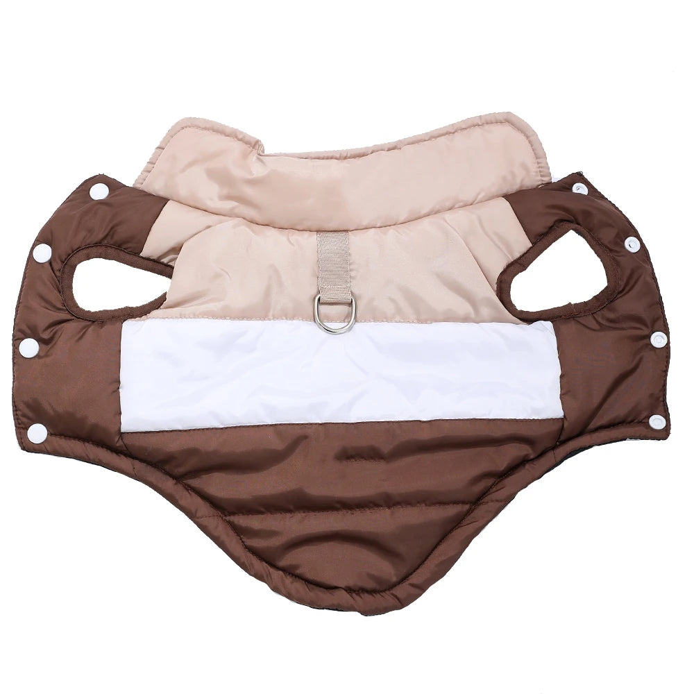 Brown winter dog coat with built-in harness ring, lightweight and warm, designed by TrendyPet's Zone for comfortable outdoor walks.