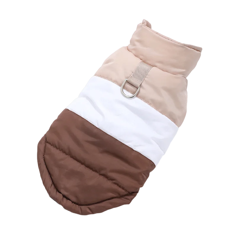Brown winter dog coat with built-in harness ring from TrendyPet's Zone, lightweight and warm for outdoor winter walks.