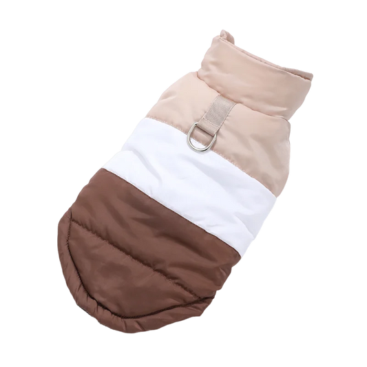 Brown winter dog coat with built-in harness ring from TrendyPet's Zone, lightweight and warm for outdoor winter walks.