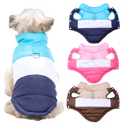 Blue winter dog jacket with built-in harness ring from TrendyPet's Zone, lightweight and warm coat for outdoor walks.