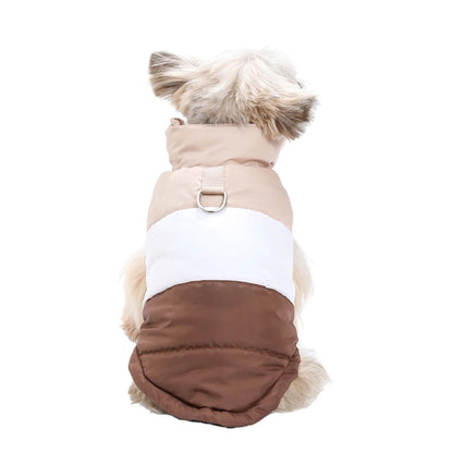 Brown winter dog jacket with built-in harness ring, lightweight and warm coat from TrendyPet's Zone, designed for cold weather comfort.