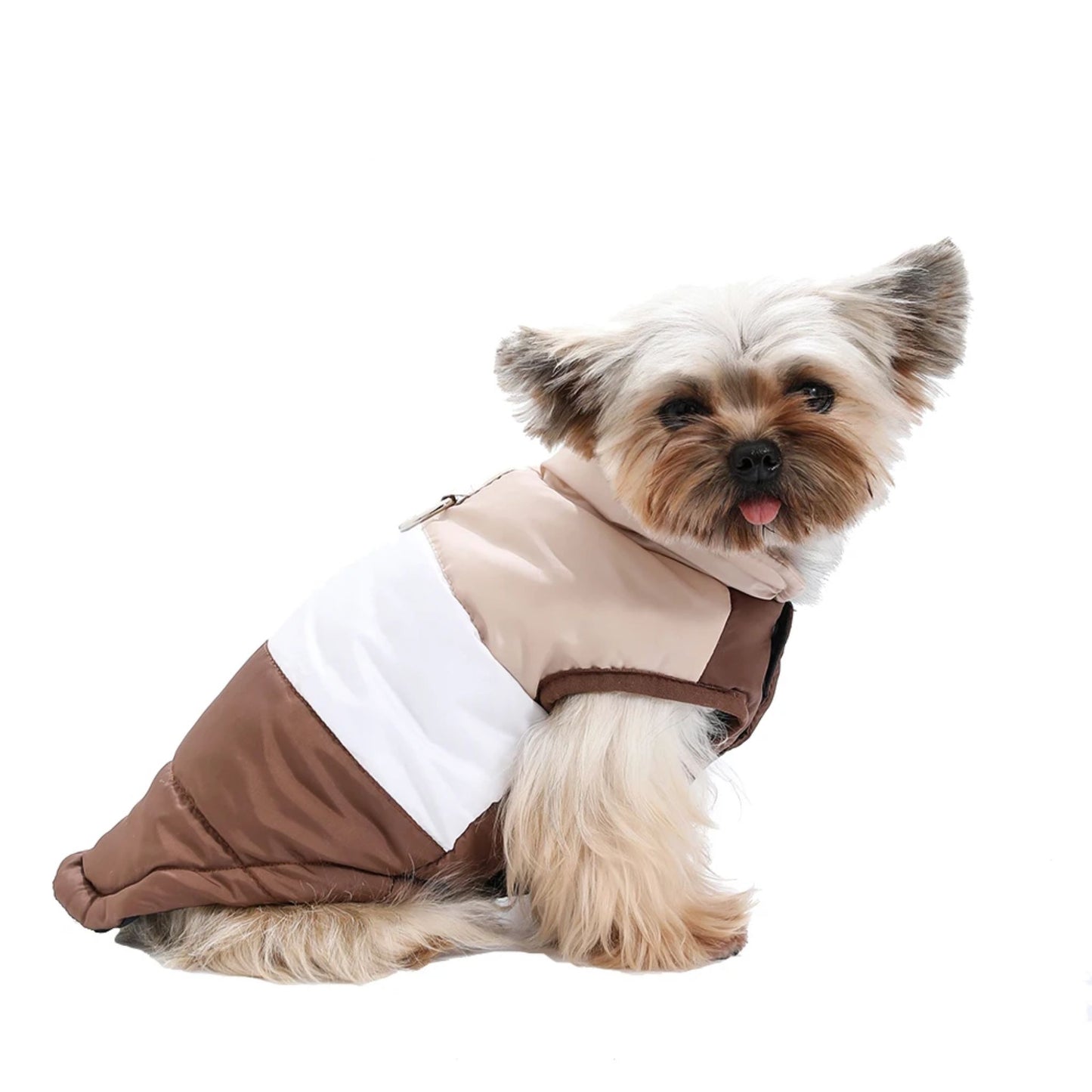 Brown winter dog jacket with built-in harness ring, lightweight and warm coat from TrendyPet's Zone, suitable for chilly walks.