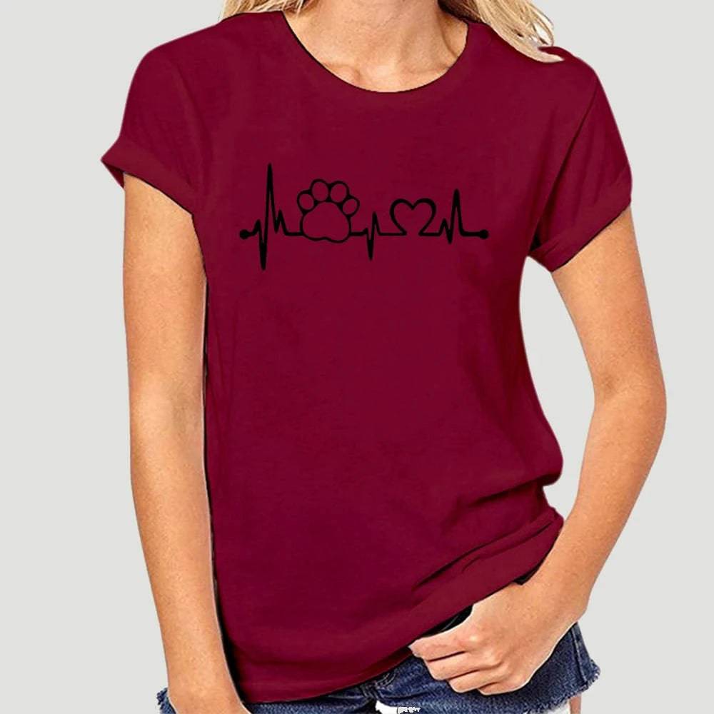 Burgundy Heartbeat Lifeline Dog Women T-Shirt Casual Funny Foot For Lady Girl Hipster TRENDYPET'S ZONE