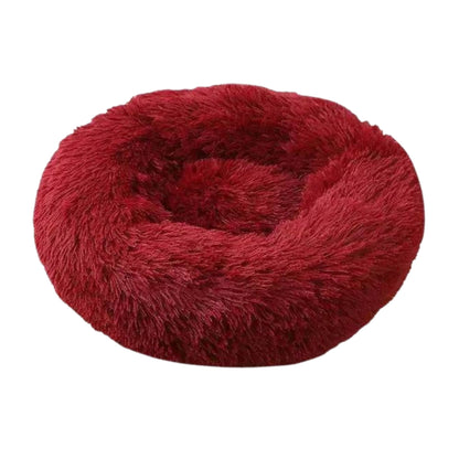 Burgundy round plush pet bed with zipper, thickened for comfort, suitable for dogs and cats by TrendyPet's Zone