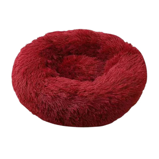 Burgundy round plush pet bed with zipper, thickened for comfort, suitable for dogs and cats by TrendyPet's Zone