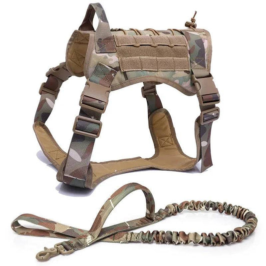 Camouflage tactical dog vest with harness, bags, and leash set by TrendyPet's Zone, designed for outdoor pet activities.