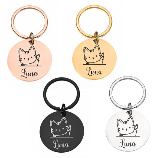 Double-sided pet ID tag with circle cat design from TrendyPet's Zone, customizable with name and phone for small and large collars.