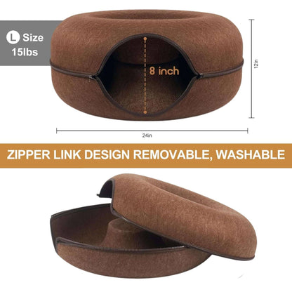 Coffee Donut Cat Bed for 2 Pets Tunnel Kitten House Basket Interactive Natural Felt Cave Nest - TrendyPet's Zone