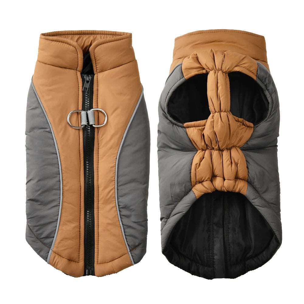Coffee-colored reflective winter dog coat by TrendyPet's Zone, windproof, waterproof, with adjustable straps for a secure fit.