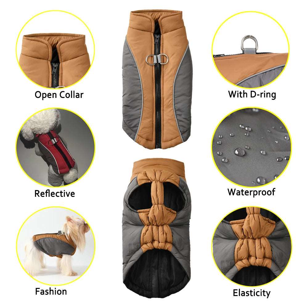 TrendyPet's Zone coffee-colored reflective winter dog coat with windproof design and adjustable vest for cold weather.