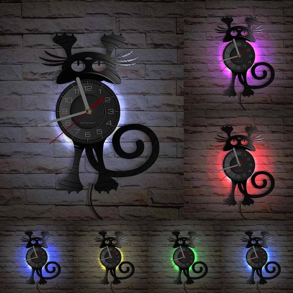 Crazy Cat Lady Wall Art (LED) Silhouette Kitten Cat with Funny Bottom Tail Home Decor Wall Clock Black Kitty Vinyl Record Clock Cat Pet Lover - TrendyPet's Zone