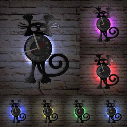 Crazy Cat Lady Wall Art (LED) Silhouette Kitten Cat with Funny Bottom Tail Home Decor Wall Clock Black Kitty Vinyl Record Clock Cat Pet Lover - TrendyPet's Zone