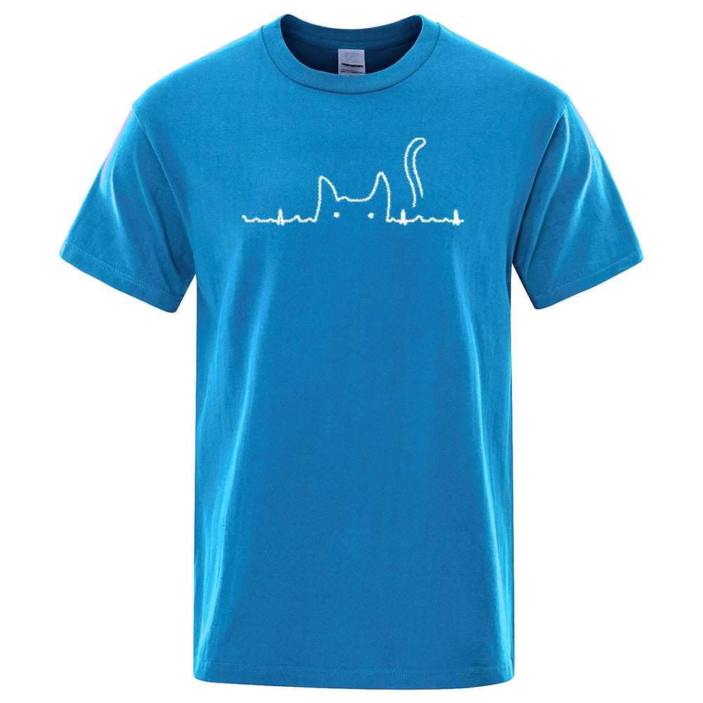 Cyan Casual Men's T-Shirts Cat Cute Printed Summer Cotton O-Neck Short Sleeve Top Tee T-shirts - TrendyPet's Zone