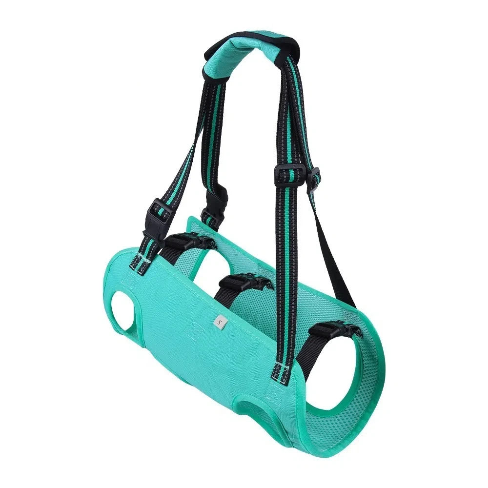 Cyan portable dog lift harness with adjustable strap and soft lining, designed for easy lifting and support by TrendyPet's Zone.
