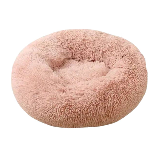 Dark beige round plush pet bed for dogs and cats, soft, cozy, with a zipper, by TrendyPet's Zone.