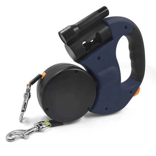 Dark Blue Auto Retractable Double-Ended Traction Rope Dual Dog Leash 360-Degree Rotating With Flashlight & Garbage Bag Storage - TrendyPet's Zone