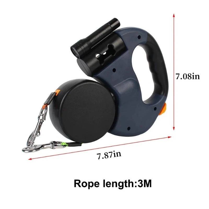 Dark Blue Auto Retractable Double-Ended Traction Rope Dual Dog Leash 360-Degree Rotating With Flashlight & Garbage Bag Storage - TrendyPet's Zone